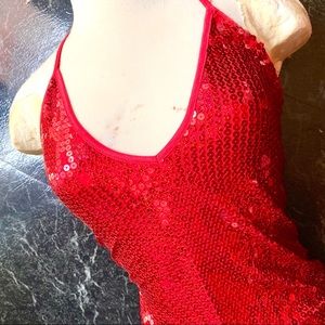 Bright red sequined backless halter bodysuit